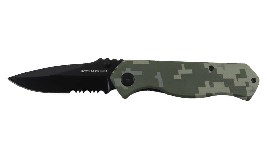 Couteau pliant Stinger Bora ST5 Lame 8,2cm avec Clip-ceinture vue de côté sur fond blanc.