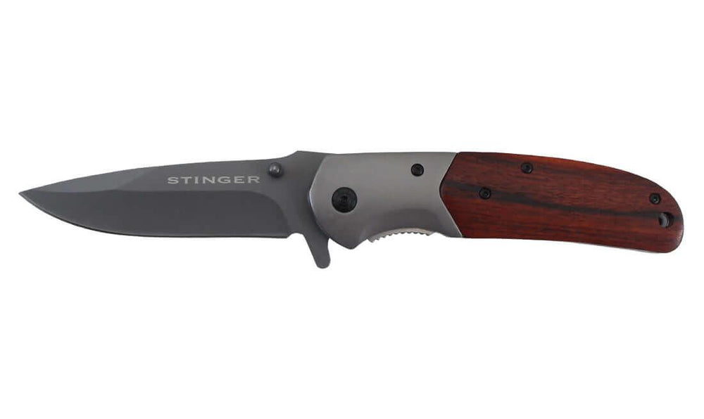 Couteau pliant Stinger lame noire 9,7 cm, manche bois avec clip ceinture, outil EDC