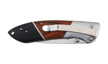 Couteau pliant compact avec manche bois et métal, clip ceinture, outil utilitaire