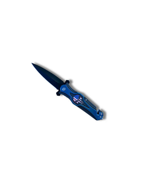 Couteau Punisher Ouv.Assistée Lame 10cm Clip/coupe-Ceint. Brise-vitre, modèle bleu avec lame déployée.