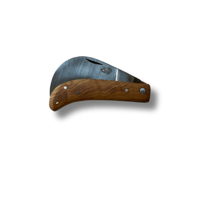 Couteau Serpette Lame 7cm avec lame recourbée et manche en bois ergonomique, format pliant.