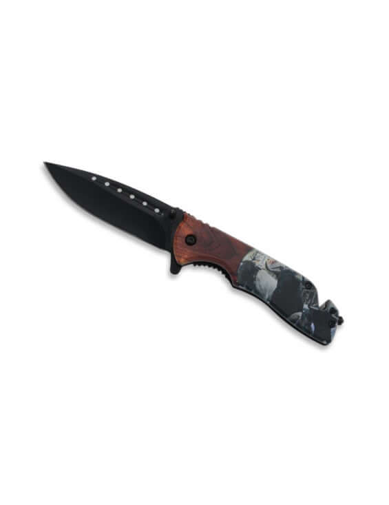 Couteau Taureau de Camargue avec coupe ceinture Lame 9cm, pliant avec motif taureau et fonction coupe-ceinture.