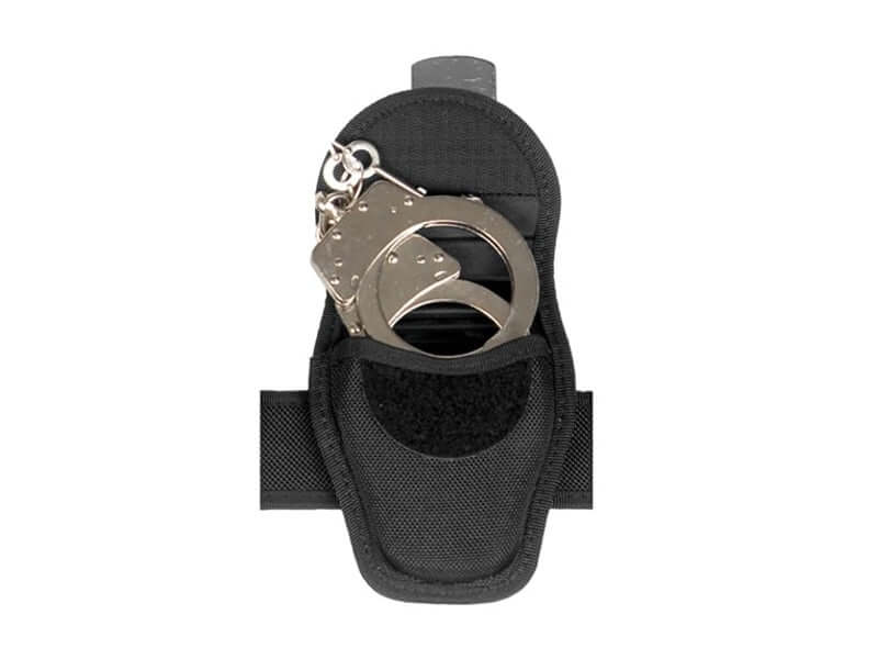 Étui porte-menotte noir ceinture tactique avec menottes en vue, idéal pour professionnels de la sécurité.