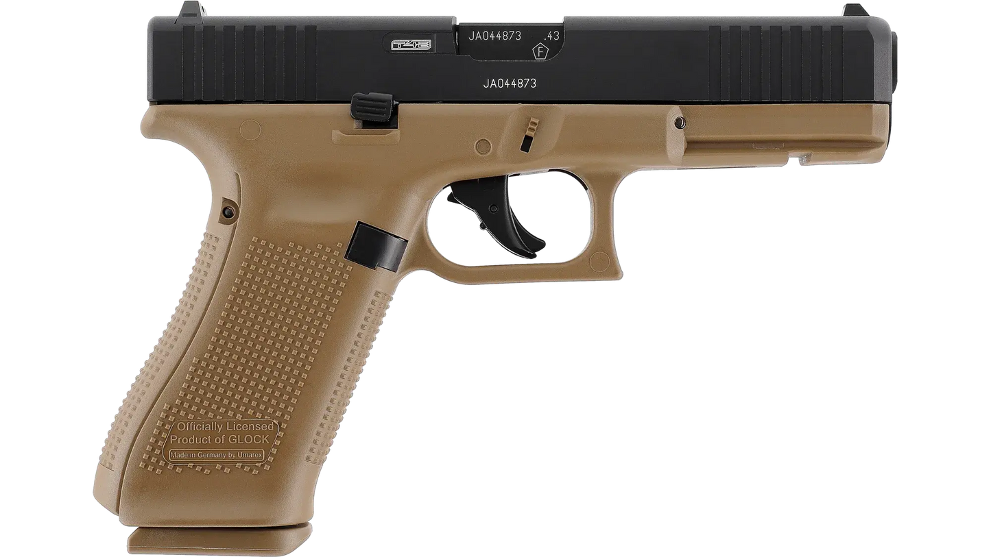 PIST GLOCK 17 GEN5 CAL 43 PAINTBALL T4E COYOTE side view of the tactical coyote color replica firearm