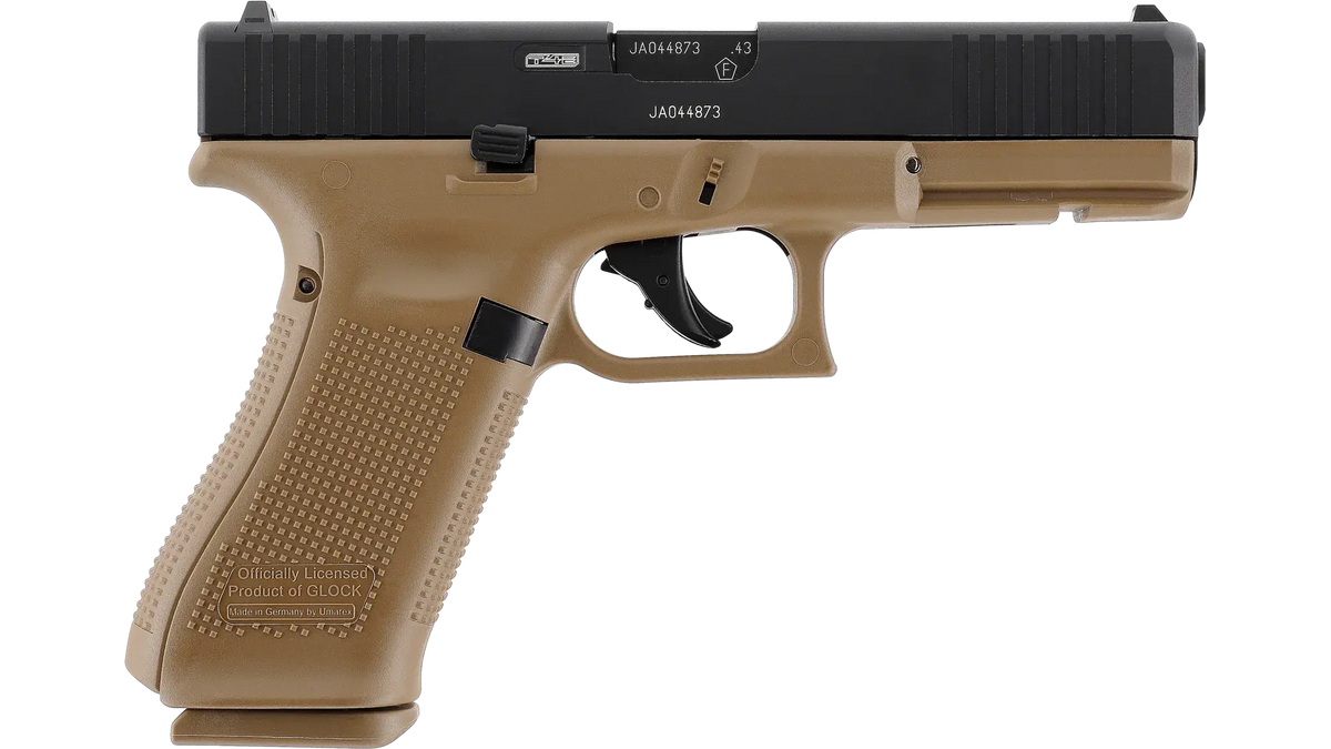 PIST GLOCK 17 GEN5 CAL 43 PAINTBALL T4E COYOTE side view of the tactical coyote color replica firearm