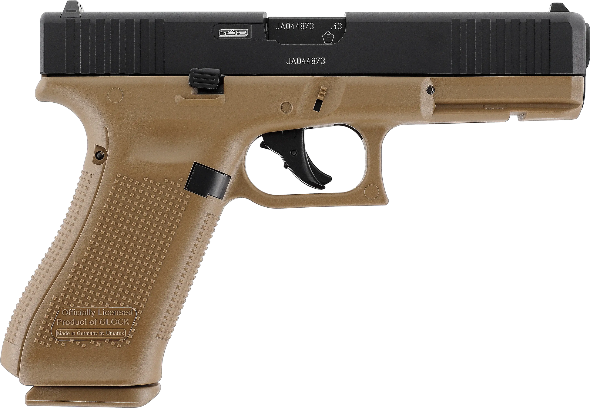 PIST GLOCK 17 GEN5 CAL 43 PAINTBALL T4E COYOTE FRENCH ARMY side view of the gun