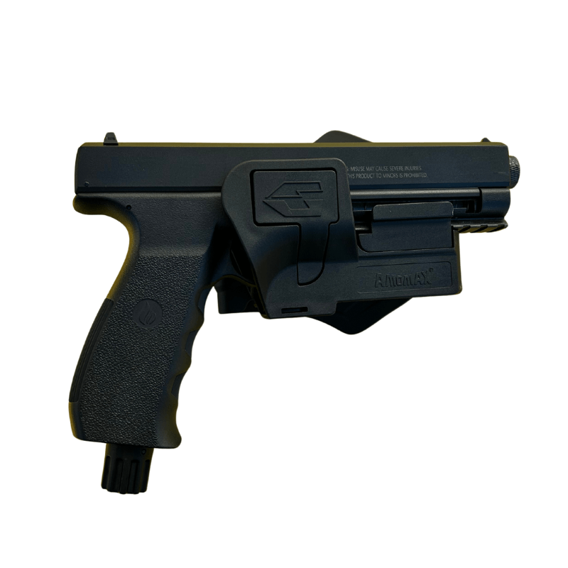 holster AMOMAX pour pistolets VESTA sur fond blanc, idéal pour un port ceinture sécurisé.