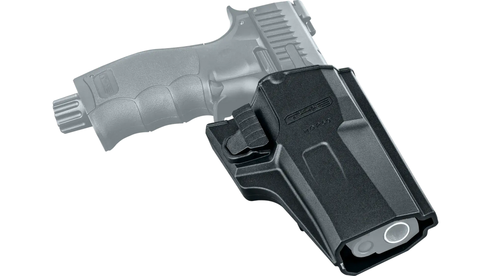HOLSTER PADDLE POLYMERE RETENTION BOUTON T4E HDP 50 avec pistolet T4E HDP50 en polymère.