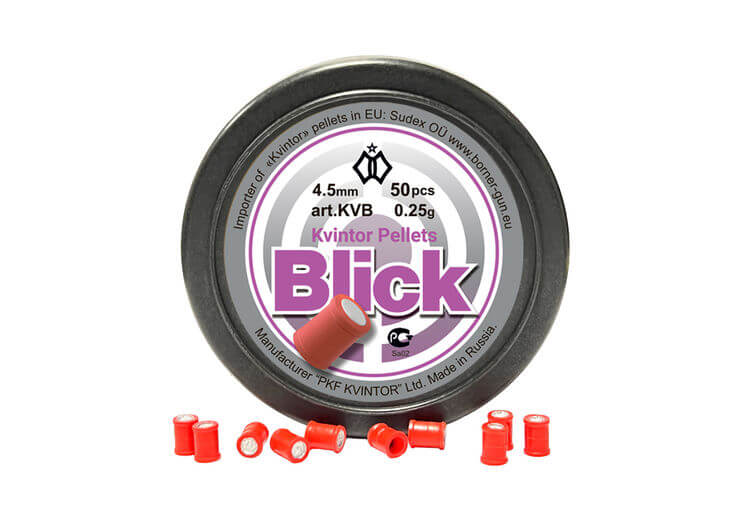 Kvintor Blick Plombs Explosifs 4.5mm 0.25g Boîte de 50 avec plombs rouges et boîte visible.
