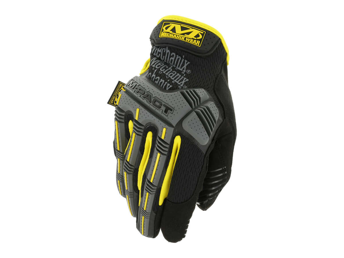 Gants Mechanix M-PACT noire et jaune, offrant protection et confort pour les professionnels de la sécurité.