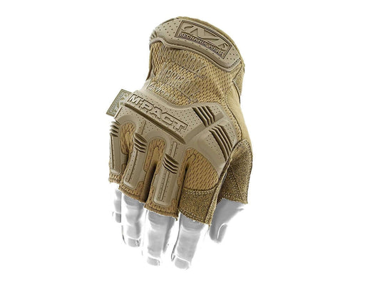 Gants Mechanix M-Pact Coyote protection tactique vue de côté, design ergonomique et technologies d’absorption des chocs.