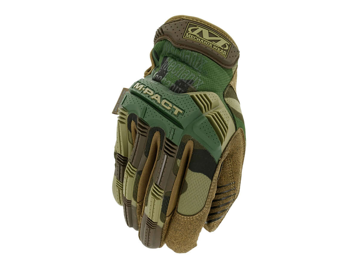 Gants Mechanix M-PACT en camouflage, offrant protection et confort pour environnements exigeants.