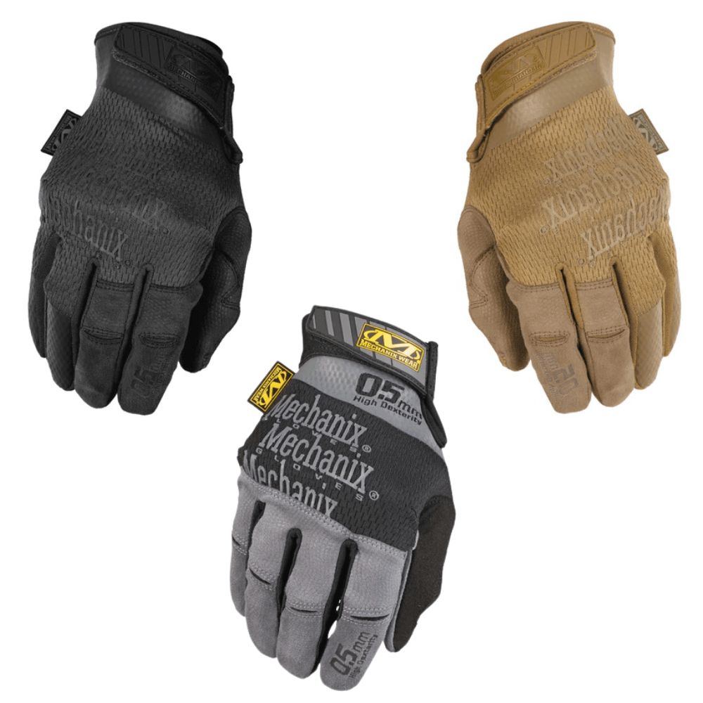 gants Mechanix Specialty Covert 0.5 en noir, gris et beige, offrant une sensibilité tactile maximale et protection.