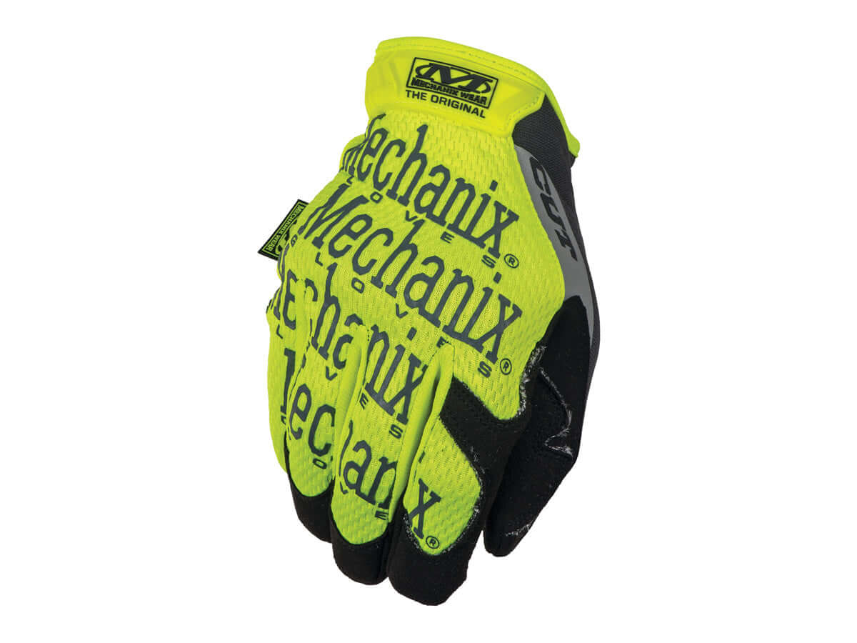 Mechanix Gants Hi-Viz Original E5 Anti-Coupure, bright yellow gloves designed for high visibility and safety.