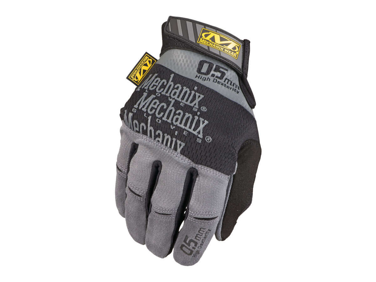 gants Mechanix Specialty Covert 0.5 en gris avec logo, conçus pour une sensibilité tactile maximale et protection.
