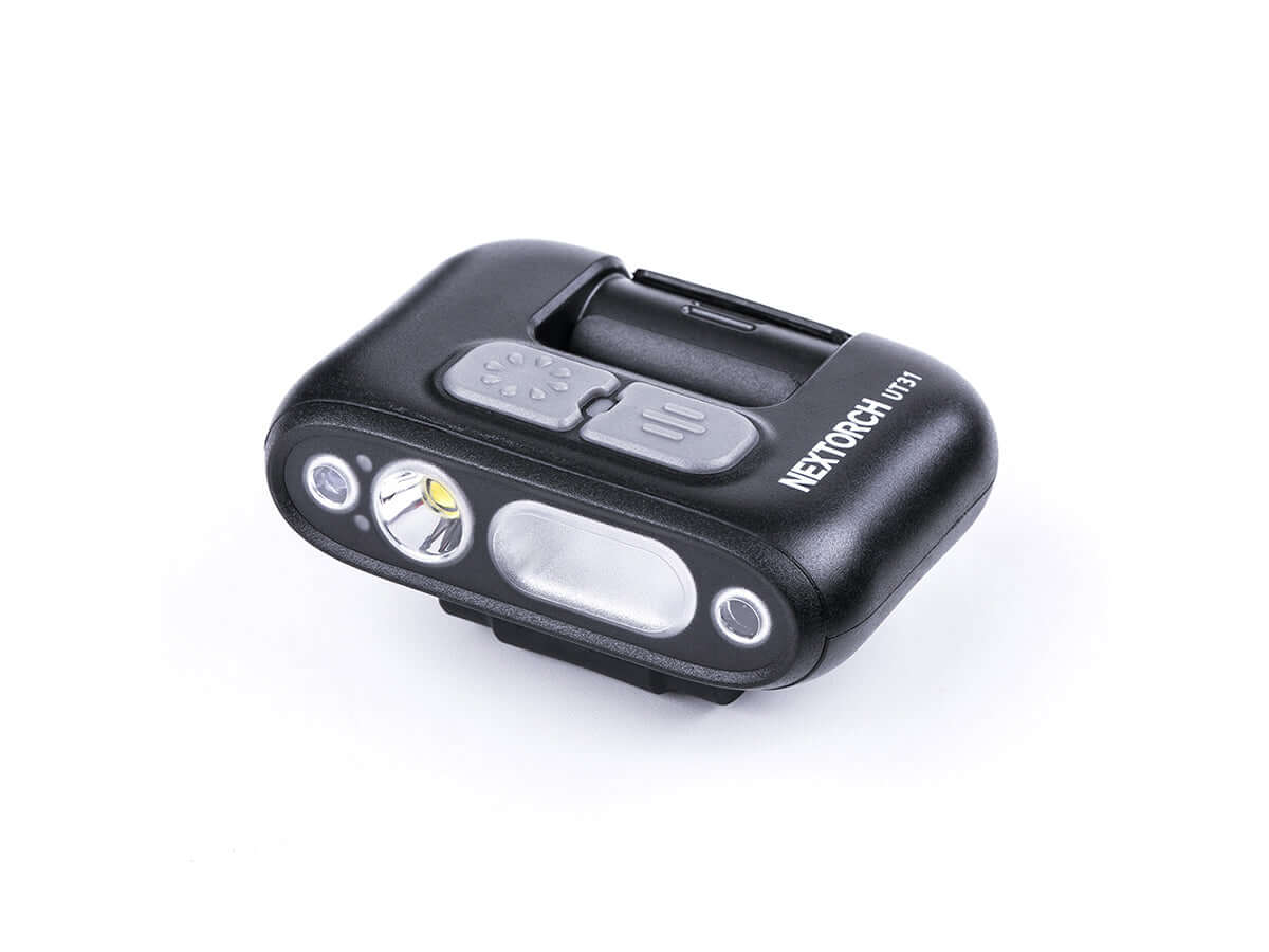 Nextorch UT31 Lampe à clip d'urgence LED 220lm vue de côté avec clips et LED.