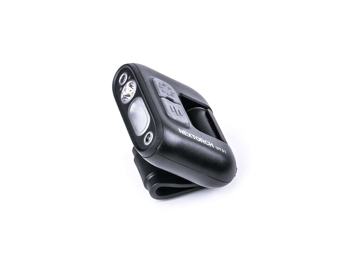 Nextorch UT31 Lampe à clip d'urgence LED 220lm vue de côté avec clip noir et LED.