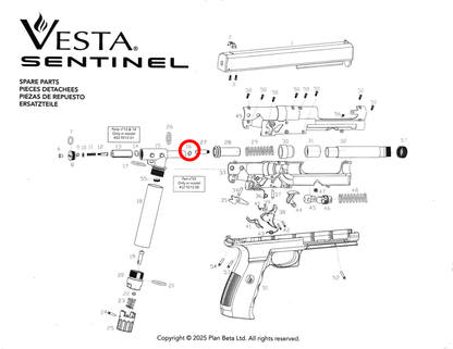 Pièces détachées Vesta SENTINEL/PDW50 schéma des composants incluant joints, ressort et poussoir.