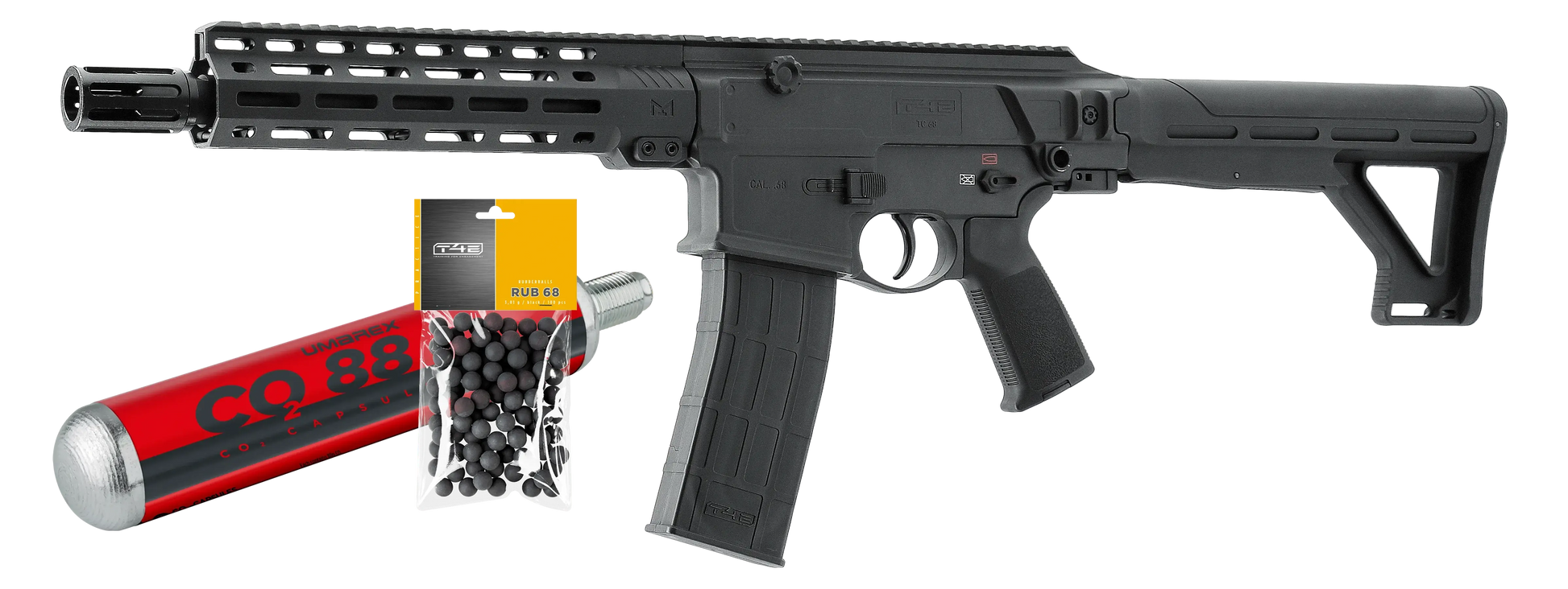 PACK PRET A TIRER T4E TC68 CAL 68 - 7.5 J (100 BILLES ET 1 CARTOUCHE CO2 88G), pistolet, cartouche CO₂, billes.