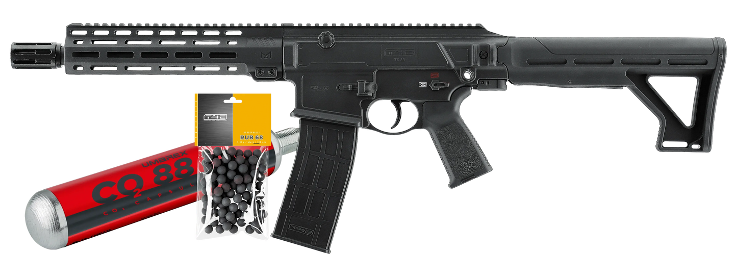 PACK PRET A TIRER T4E TC68 CAL 68 FULL AUTO - 16 J (100 BILLES ET 1 CO2 88G) avec pistolet et accessoires.