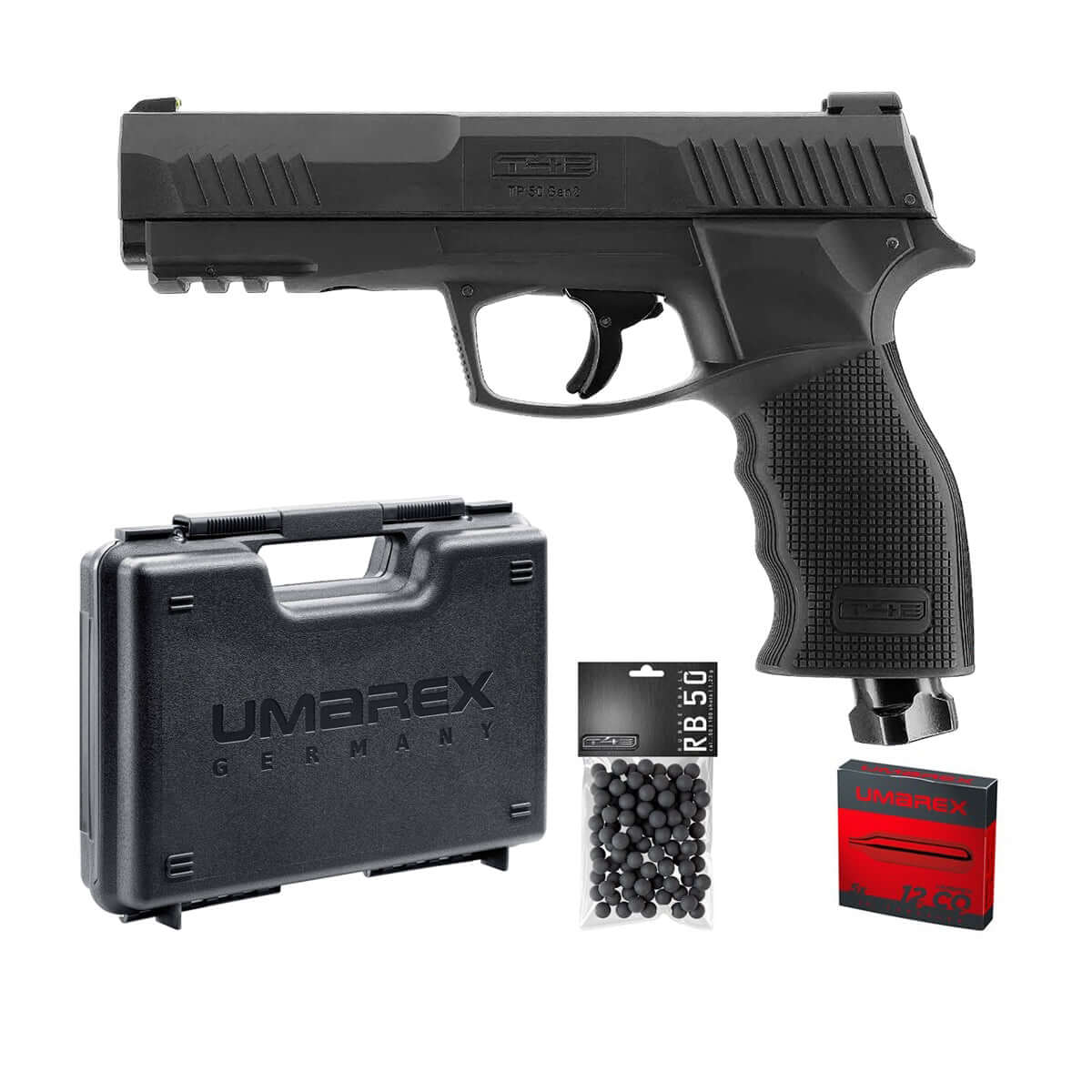 PACK PRET A TIRER T4E TP50 GEN.2 CAL 50 - 13 J (100 BILLES, 5 CO2, MALLETTE) avec pistolet, mallette, billes et cartouches CO₂.