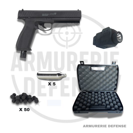 Pack Vesta PDW50 17J C1 tactique avec pistolet, lampe, cartouches et mallette.
