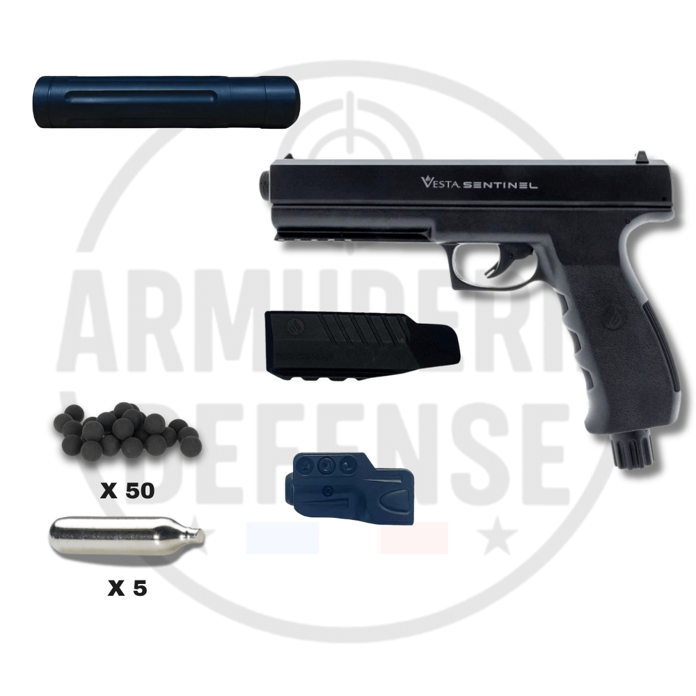 Pack VESTA Sentinel L1 avec pistolet, extension de canon, accessoires et cartouches CO2.