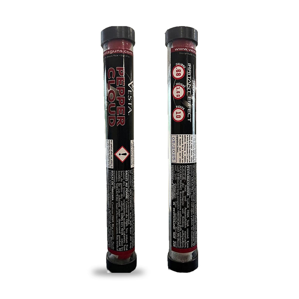 VESTA Pepper Cloud billes poivre calibre .68, tube de 10 billes vu de face et de dos