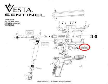 Dessin technique des pièces détachées Vesta Sentinel PDW50, y compris composants essentiels pour réparation.