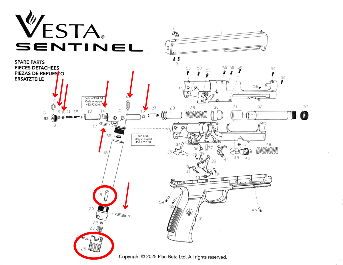 Diagram showing pièces détachées Vesta Sentinel/PDW50, including essential components for maintenance and repair.