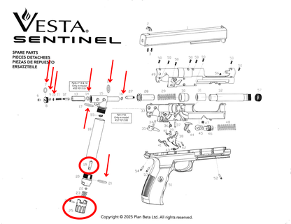 Schéma des pièces détachées Vesta Sentinel PDW50 avec annotations pour assemblage et identification.