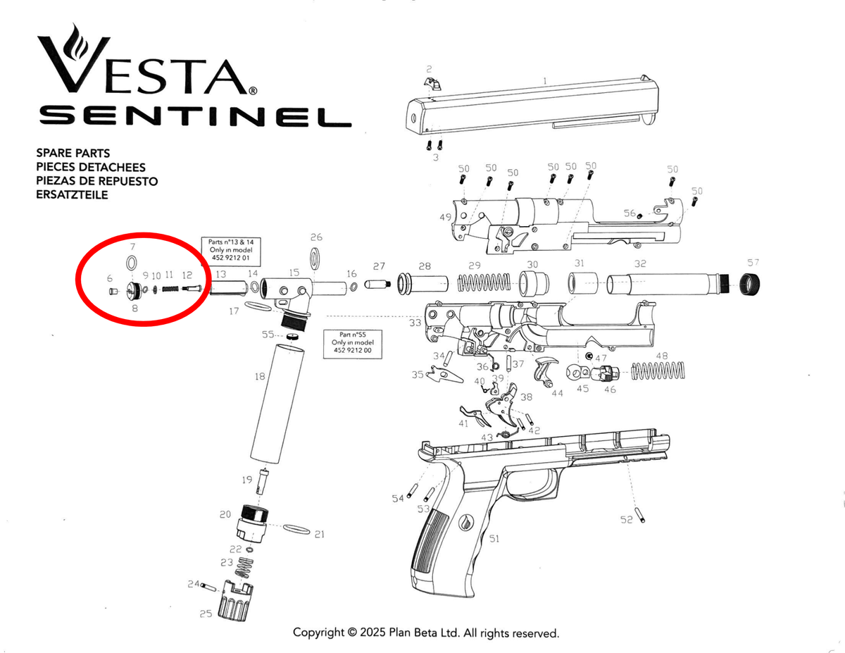 Dessin technique des pièces détachées Vesta Sentinel/PDW50 montrant composants essentiels pour réparation.