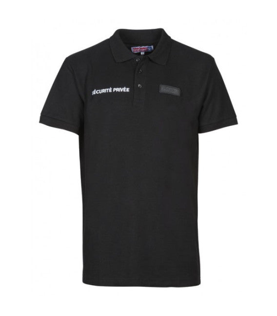 Polo Sécurité Privée avec petite fenêtre matricule en noir, conçu pour agents de sécurité avec identification discrète.