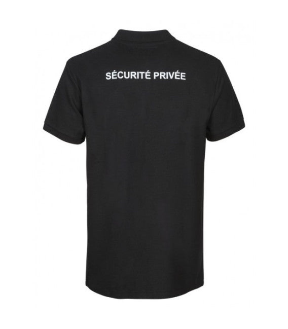 Polo Sécurité Privée avec petite fenêtre matricule, vue arrière, noir avec texte blanc "SÉCURITÉ PRIVÉE".