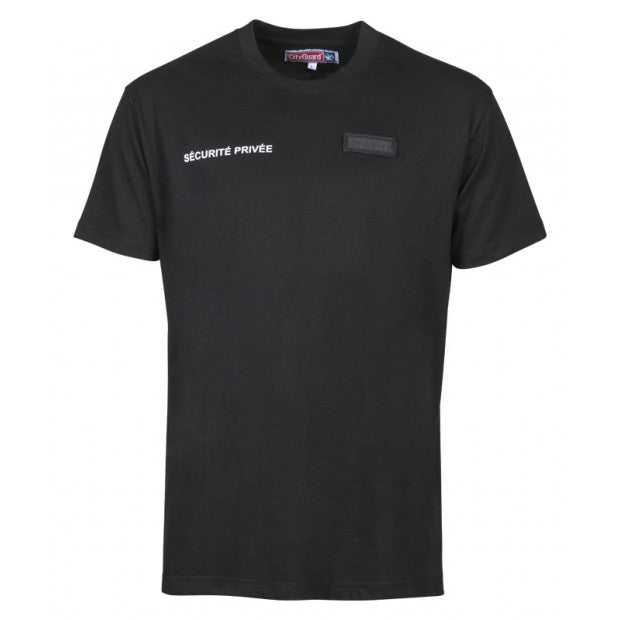 T-shirt Sécurité Privée avec petite fenêtre matricule intégrée en noir, conçu pour agents de sécurité.