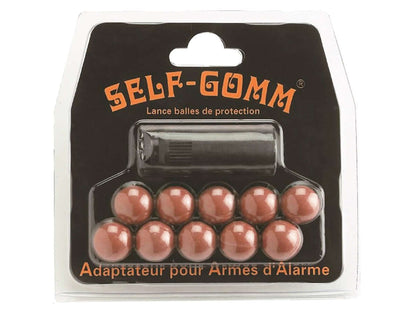 embout lance balle de protection M10x1.50 avec munitions SELF-GOMM, adapté pour armes d'alarme.