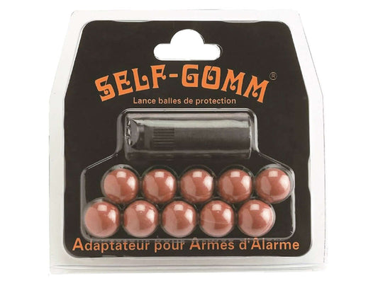 embout lance balle de protection M10x1.50 avec munitions SELF-GOMM, adapté pour armes d'alarme.