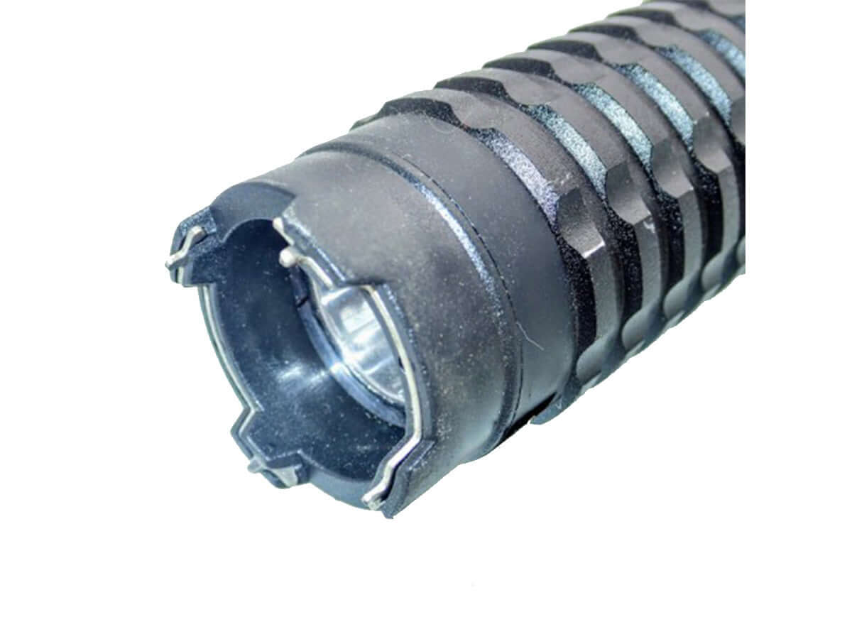 Détail de la lampe intégrée du shocker HY-X10 lampe télescopique rechargeable, montrant l'interface de connexion.
