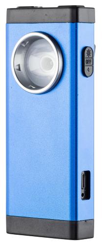 Shocker Lampe de Poche Vintage Bleue 500K Volts 200 Lumens USB + CLIP vue latérale sur fond blanc