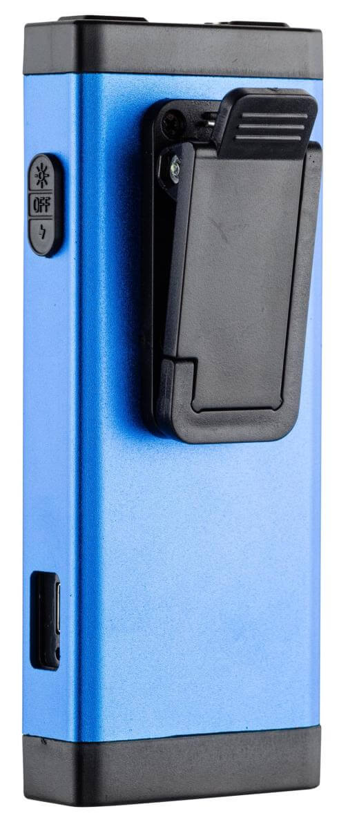 Shocker Lampe de Poche Vintage Bleue 500K Volts 200 Lumens USB + CLIP vue arrière montrant la pince de fixation.