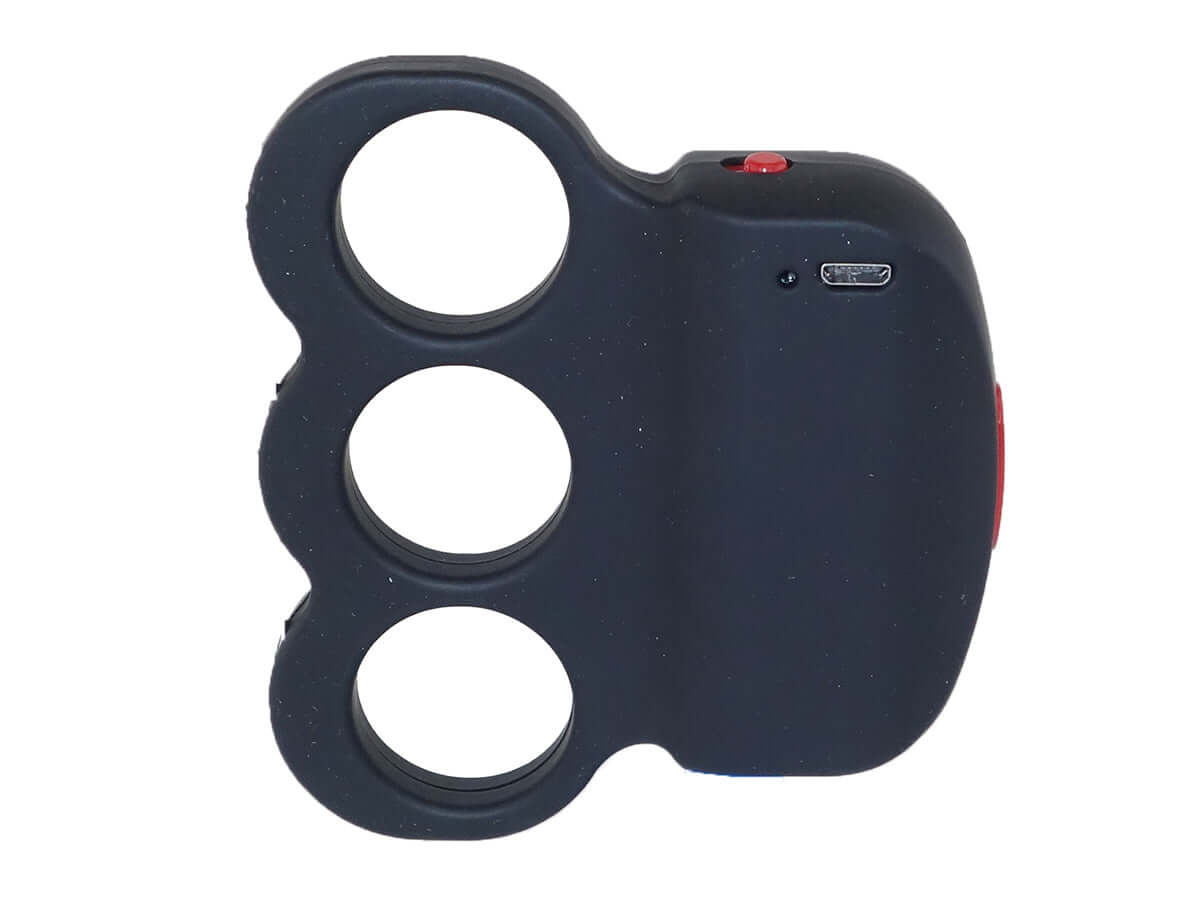 shocker poing américain rechargeable vue de côté, design ergonomique avec trois anneaux et bouton de recharge.