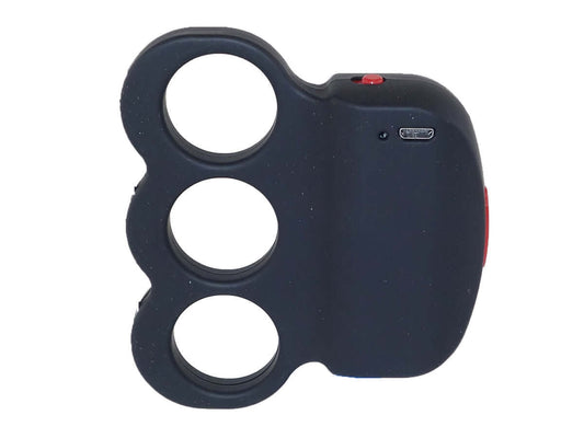 shocker poing américain rechargeable vue de côté, design ergonomique avec trois anneaux et bouton de recharge.