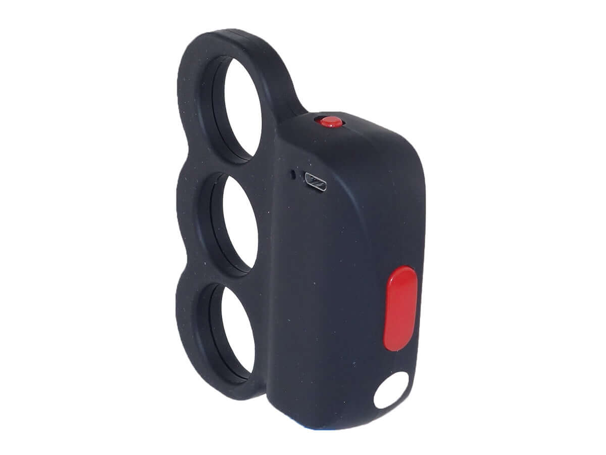 shocker poing américain rechargeable avec trois doigts et bouton rouge, conçu pour offrir une protection efficace.