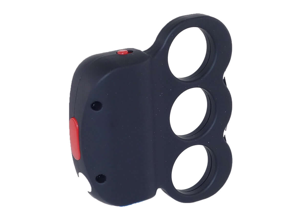 shocker poing américain rechargeable en noir, modèle Z100, avec trois doigts et bouton rouge pour électrochoc.