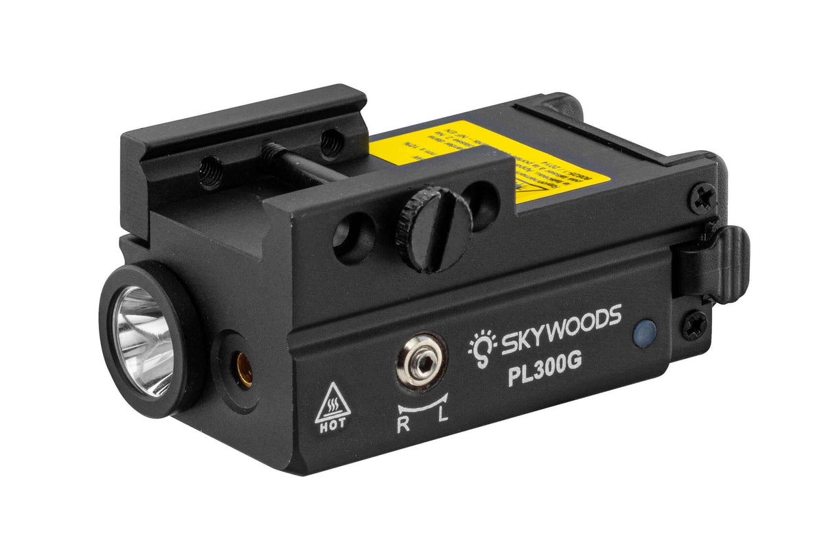 Skywoods Lampe tactique 300 Lm + laser vert IP66 USB vue de côté avec éclairage et laser intégré