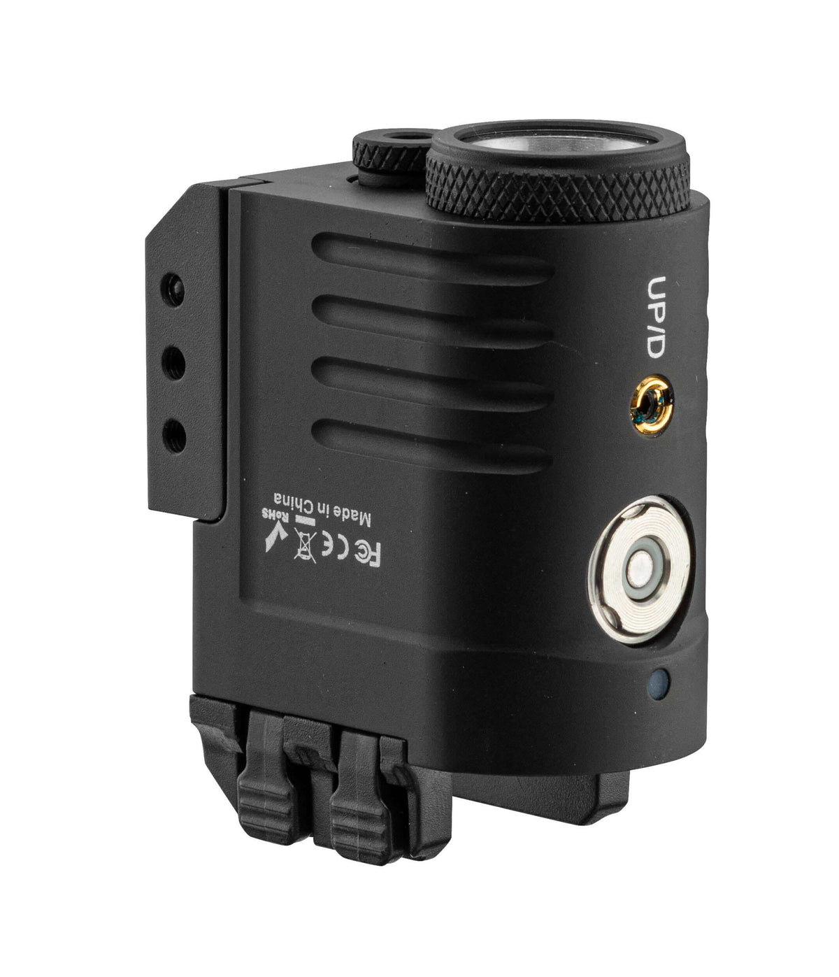 Skywoods Lampe tactique 360 Lm + laser vert IP66 USB Magnétique vue de côté, détail de la lampe.