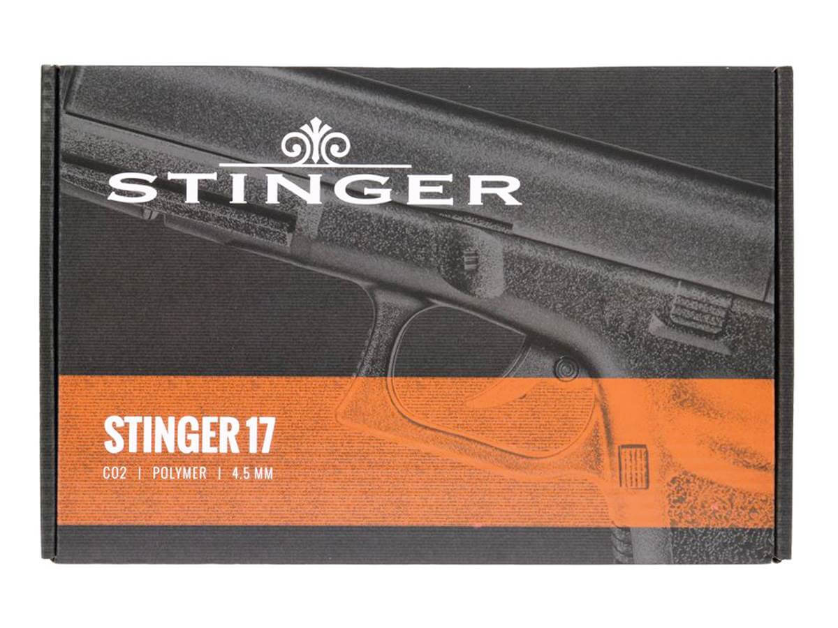 Stinger MK1 Co2 Culasse Fixe Noir 4.5mm bb 3J - Boîte du pistolet modèle Stinger 17 avec logo.