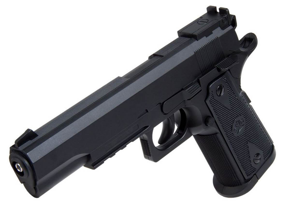 Stinger 1911 Co2 Culasse Fixe Noir 4.5mm bb (.177) 1.5J - Pistolet CO2 noir en angle, modèle réaliste.