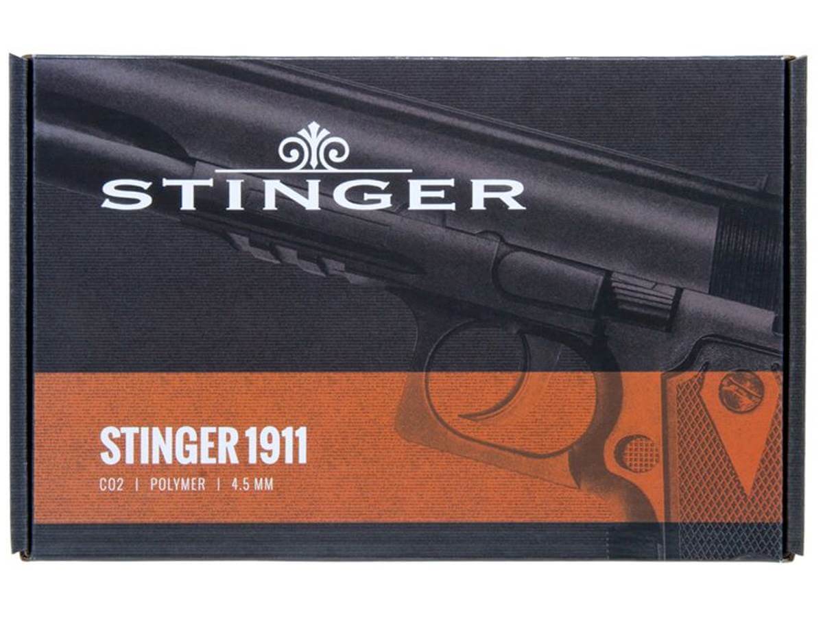 Stinger 1911 Co2 Culasse Fixe Noir 4.5mm bb (.177) 1.5J packaging with branding and model details.