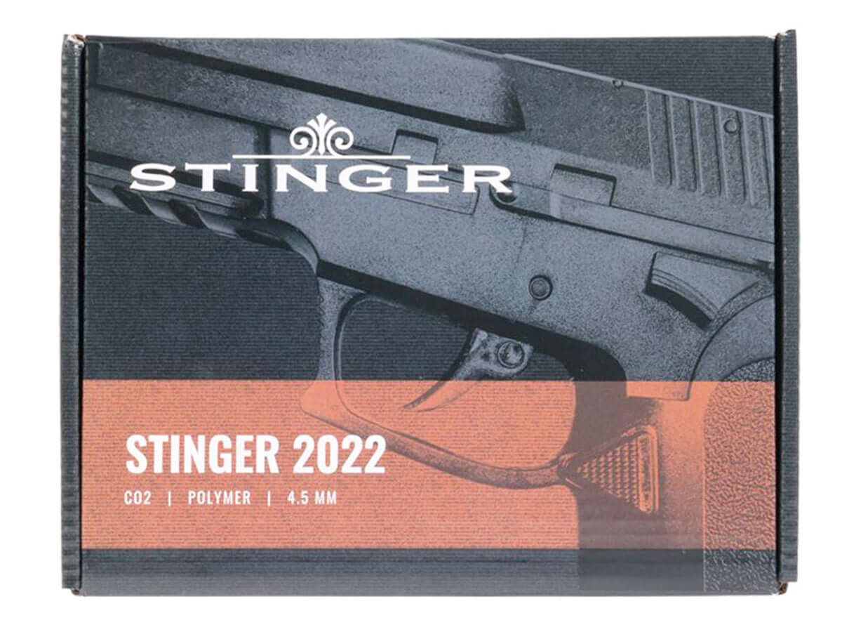 Stinger 2022 Co2 Culasse Fixe Noir 4.5mm bb (.177) 1.5J, packaging design showcasing the compact CO2 pistol.